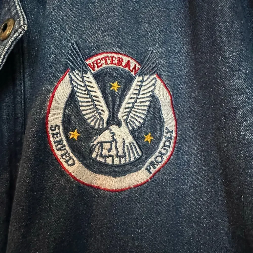 Men's World War II Veteran Blue Jean Denim Jacket Size XL Embroidered Heavy